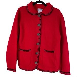 Vintage Cardigan Grandma 100% Wool PBJ Sport Heavy Thick Red Size Medium Pockets